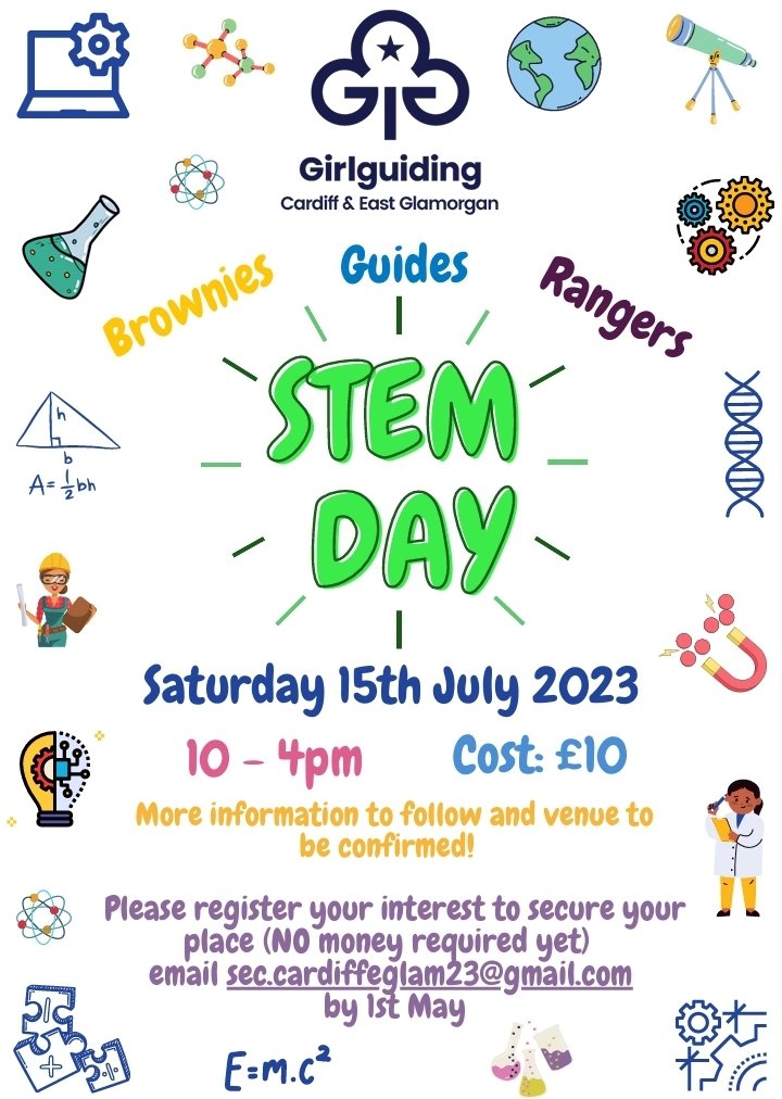 Join us for an amazing STEM day on Sat 15th July! 🎉👩‍🔬🚀 Open to Brownies, Guides, and Rangers. Engage in exciting activities and learn from inspiring women in STEM fields for just £10. Don't miss out! #GirlguidingCardiffEastGlamorgan #GirlguidingCymru #STEMday #GirlsInSTEM