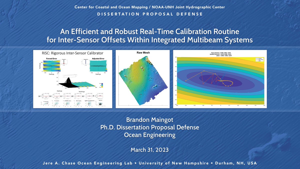 CCOM/JHC (@ccom_jhc) on Twitter photo If you missed Brandon Maingot's excellent defense of his PhD thesis proposal, "An Efficient and Robust Real-Time Calibration Routine for Inter-Sensor Offsets Within Integrated Multibeam Systems," the video is now available for your viewing pleasure! vimeo.com/820577662 If you missed Brandon Maingot's excellent defense of his PhD thesis proposal, "An Efficient and Robust Real-Time Calibration Routine for Inter-Sensor Offsets Within Integrated Multibeam Systems," the video is now available for your viewing pleasure! vimeo.com/820577662