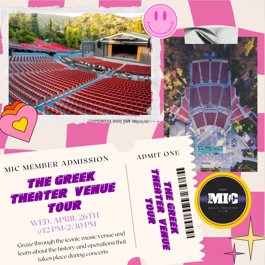 📣 ⚡VENUE TOUR ANNOUNCEMENT ⚡📣

Applications close April 24th at 11:59 pm! This tour is open to all & MIC members receive priority🤭

We hope to see you there!💫

#csuf #csufmic #commcsuf #csufullerton #musicindustry #bicccsuf #business