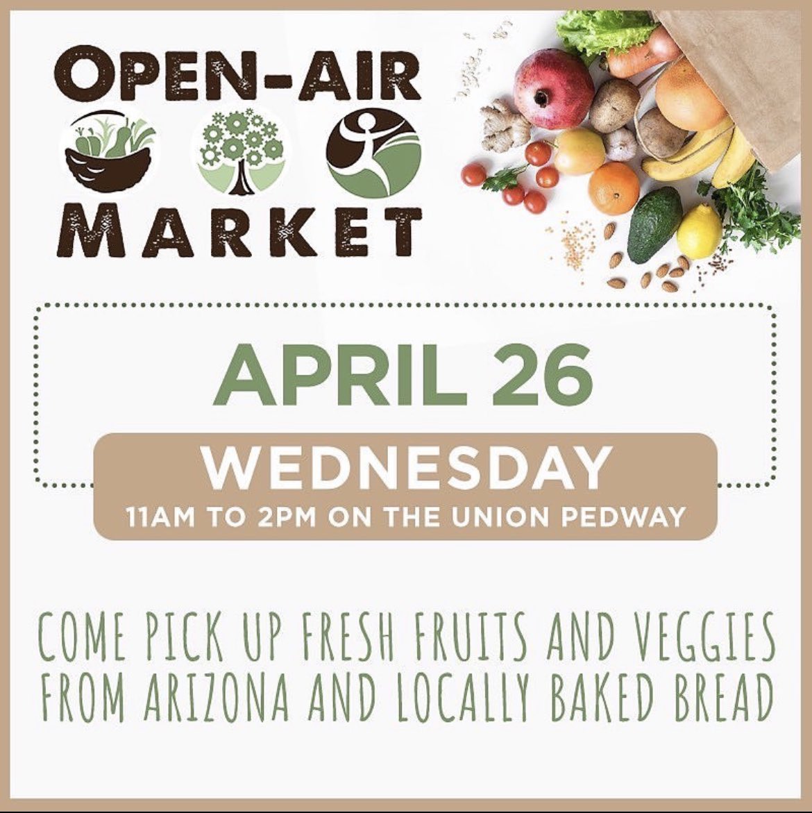 NAUcampusdining's tweet photo. The last Open-Air Market of the semester is this Wednesday, the 26th! This day is all about move out week so make sure you visit the various groups tabling for more information. Also, don't forget to stop by your favorite vendors, clubs and members of the community. #freshproduce https://t.co/9XgAoUuSLj