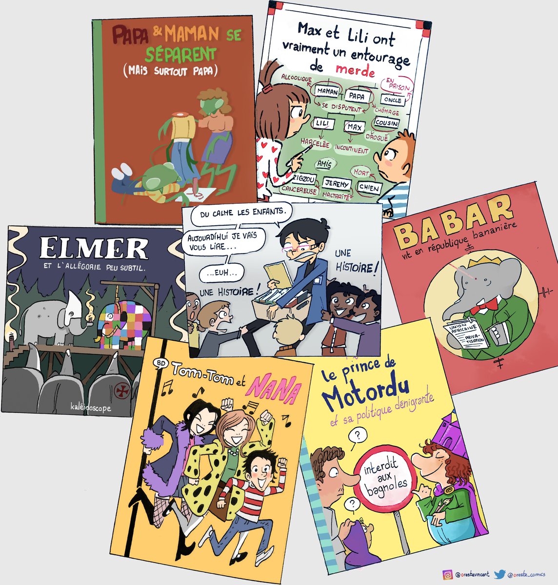 10. Mon stage en médiathèque

L'occasion de faire découvrir aux plus petits les classiques des livres pour enfants.

#webcomic #parodie #maxetlili #elmerelephant #tomtometnana #nana #babar #princedemotordu