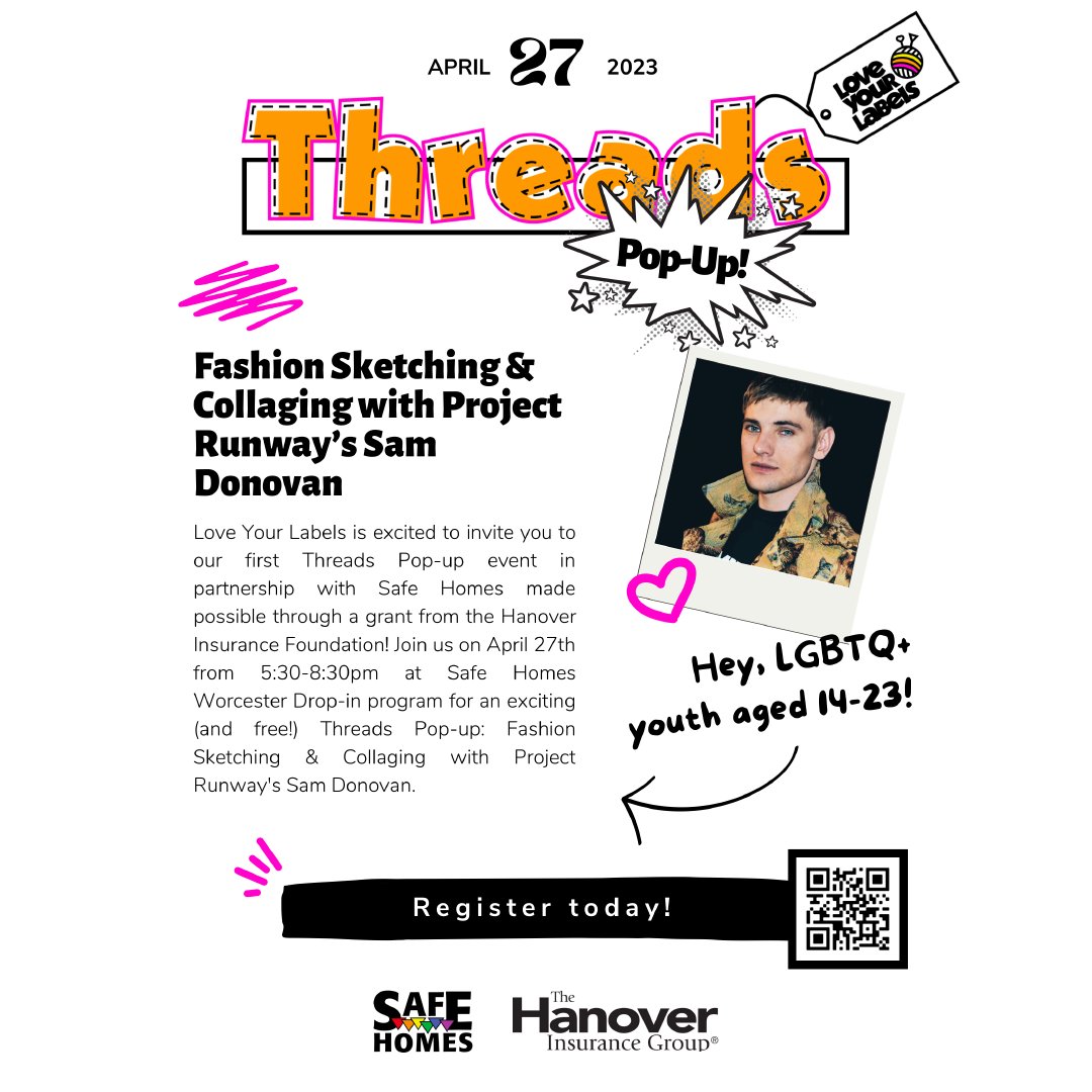 SpeakingofHope's tweet photo. On April 27th, join Safe Homes at their pop-up event with Love Your Labels through a grant with Hanover Insurance. The event will be fashion sketching and collaging with Project Runway's Sam Donovan.
#lgbtqyouth #youthopportunitties #projectrunaway https://t.co/3uIqXbHjOd