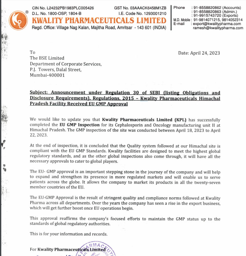MarketVedantA's tweet image. Kwality Pharmaceuticals Limited (KPL) has successfully completed the EU GMP Inspection for its Cephalosporin &amp;amp; Oncology manufacturing unit II at Himachal Pradesh.

#KwalityPharmaceuticals #receives #EUGMP #Inspection #Cephalosporin #Oncology #manufacturingunitII #HimachalPradesh