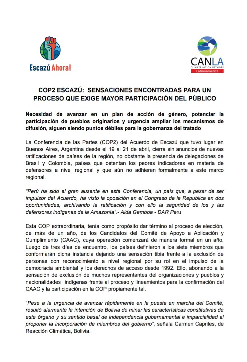 CAN_LA_'s tweet photo. #ComunicadoDePrensa | La necesidad de avanzar en un plan de acción de género, potenciar la participación de pueblos originarios y urgencia de ampliar los mecanismos de difusión siguen siendo puntos débiles para la gobernanza del #AcuerdoEscazú
Leer comunicado post #COP2Escazú👇 https://t.co/6MYflqSN6b