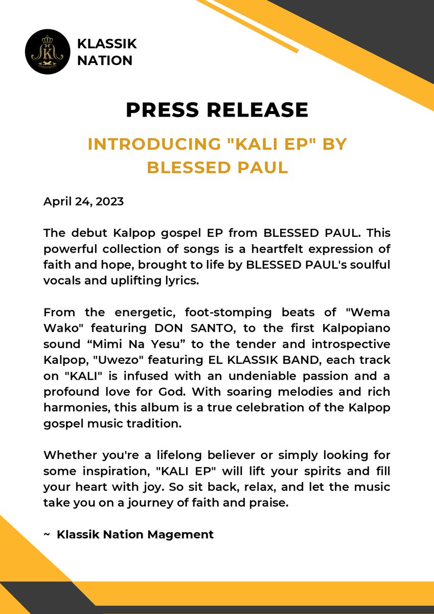 Royal Statement: Introducing KALI EP by Blessed Paul @TheBlessedPaul.  

Use the hashtag #KaliEP and #BlessedPaulKALI. Thank you for your continued support! 🙌🎶

__
#KlassikNation #BlessedPaul #KalpopArtist #RoyalStatement #PressRelease Fox and CNN Burna #NewYork #london