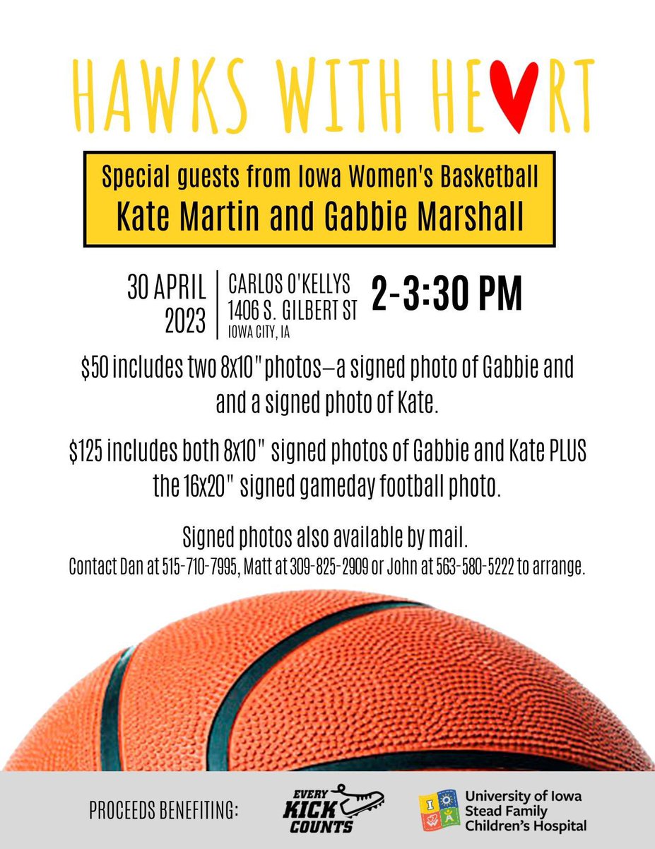 Hey hawk fans!! Kate and I will be signing photos at Carlos O'Kelly's in Iowa City this Sunday to support @EK_Counts @CounttheKicksUS @UIchildrens Come meet us and support two great causes! #everykickcounts #forthekids Go Hawks🐤