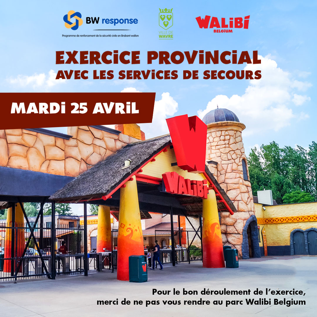 #Exercice avec déploiement des services d'urgence ce mardi 25/4 à <a href="/WalibiBelgium/">Walibi Belgium - Aqualibi</a>, organisé par le gouverneur du #BW <a href="/gillesmahieu/">Gilles Mahieu</a> et #wavre. Aucune inquiétude à avoir concernant la présence des services de secours aux alentours de #Walibi. Plus d'infos 👉 crisebw.be