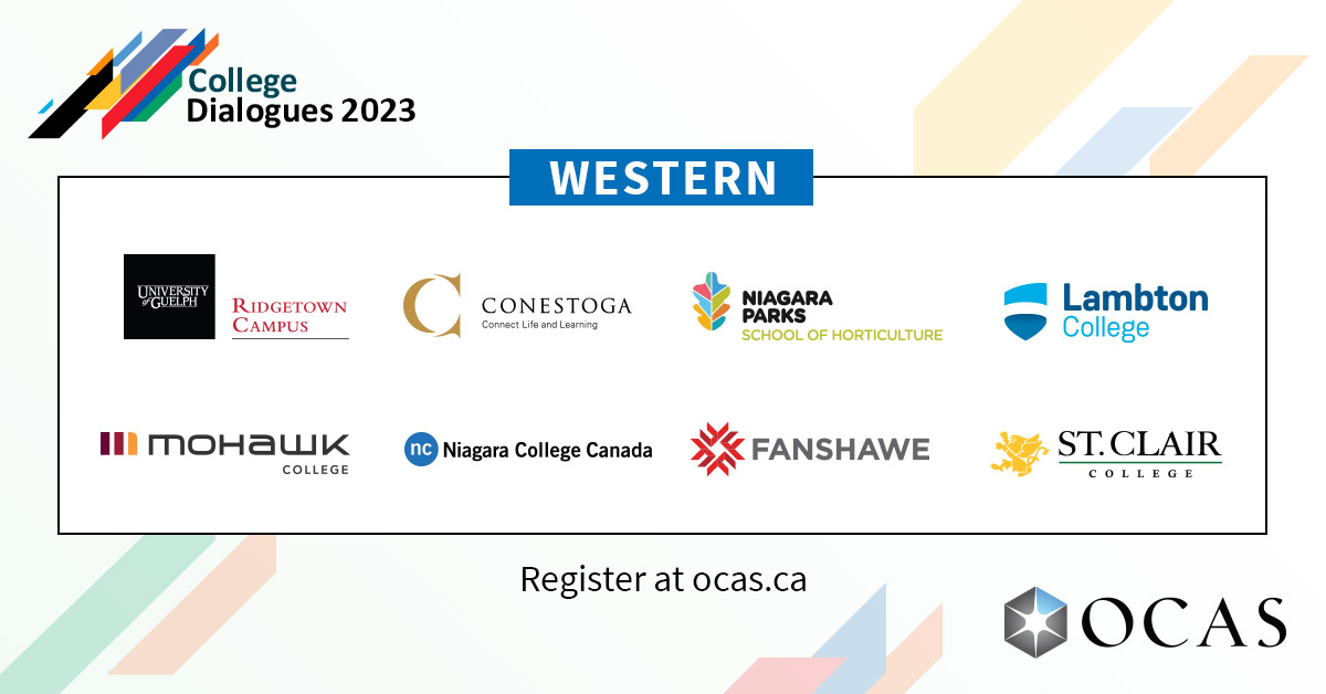 APR 25! Learn about WESTERN region colleges – and Ontario's 19 other institutes – at #CollegeDialogues. ow.ly/BWAq50NQo4L.

@StClairCollege @ConestogaC @LambtonCollege @MohawkCollege @FanshaweCollege @niagaracollege @NiagaraParks @RidgetownCampus ocas.ca/resources/coll…