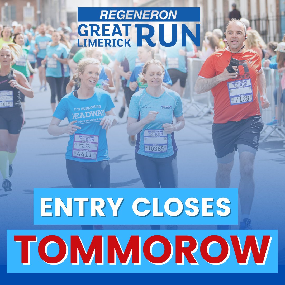 Entry for the 2023 Regeneron Great Limerick Run closes tomorrow! This is your final chance to be a part of the biggest running event in Munster 🏃 - Sign up: eventmaster.ie/event/pdzxhvyT…