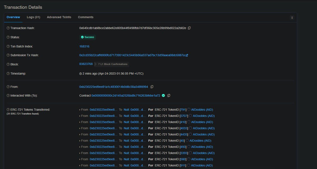 Another 31 NFTs have been bought and burned 

Check it out here: arbiscan.io//tx/0x640cdb1a…

#AIDoobles #Arbitrum #freemint #airdrop #meme #ape #NFTdrops