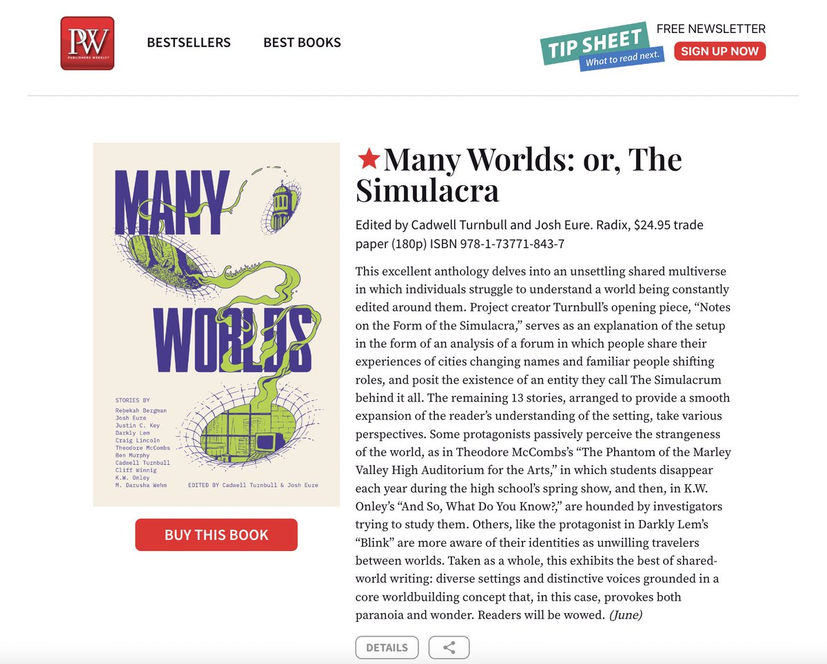meherness's tweet photo. Still reeling from this glowing, starred review of MANY WORLDS over at @PublishersWkly. Edited by @CadwellTurnbull and @WarEureTales, MANY WORLDS is out this June. 

Pre-order by supporting the Kickstarter campaign by @RadixMedia: https://t.co/g2JLTG1DGL

#scifi https://t.co/poyu6im5n0