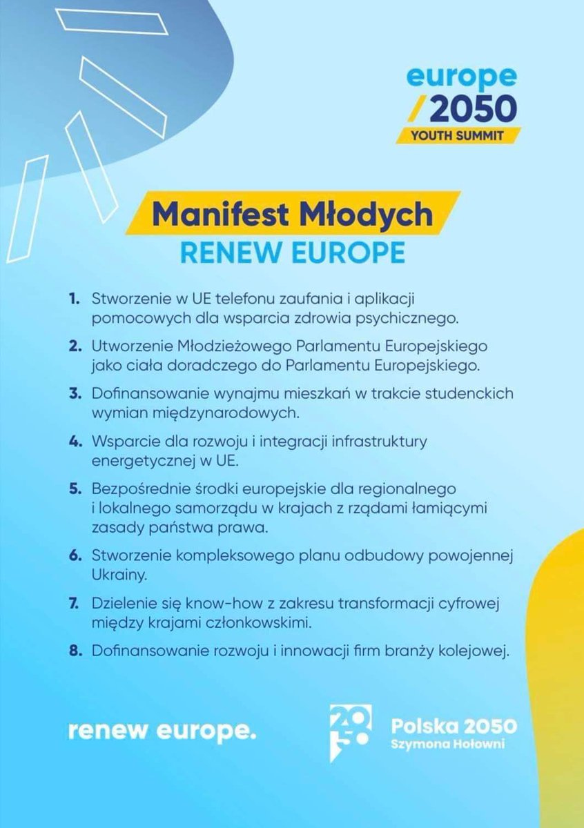 MANIFEST MŁODYCH @RenewEurope 💛🩵

Przedstawiamy wam postulaty, które opracowaliśmy z młodymi z całej Europy na #YouthSummit 

Europa to nie tylko szansa dla nas, ale również kontynent wielu wyznań i głęboko wierzę, że uda nam się zmienić ją na przyszłe pokolenia ✌️🇪🇺