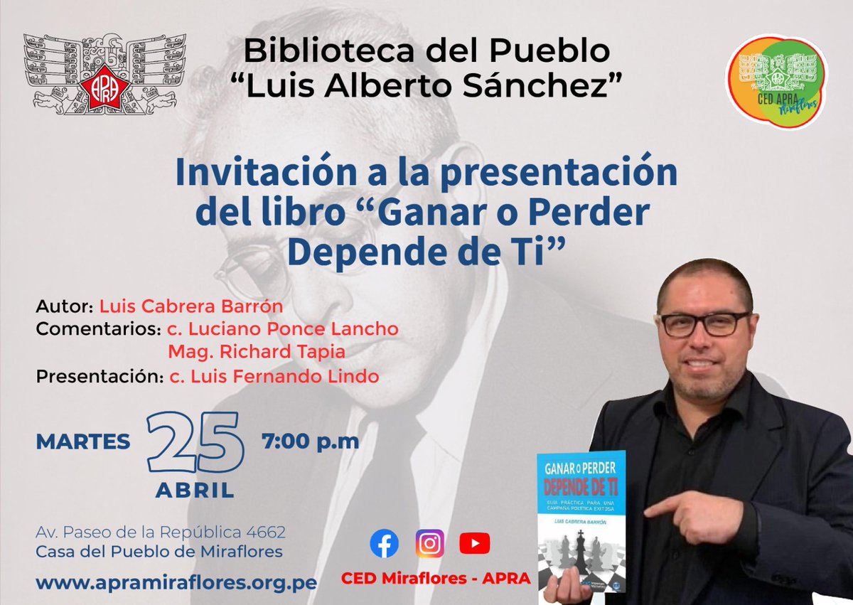 Amigos y amigas, los espero el día de mañana martes 25 abril en la presentación de mi libro GANAR O PERDER DEPNDE DE TI "Guia Practica para una Campaña Politica Exitosa" 
#comunicacionpolitica #marketingpolitico #campañaspoliticas #ganaroperderdependedeti
