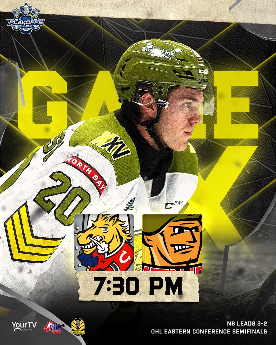 Chance to close out The Colts.

🕢 7:30 PM
⚔️ <a href="/OHLBarrieColts/">Barrie Colts</a> 
🏟️ Sadlon Arena
🎙️ <a href="/TheFrontlinePod/">The Frontline</a> 
📺 <a href="/yourtvnorthbay/">yourTV North Bay</a> / CHL TV 
🔢 NB Leads 3-2