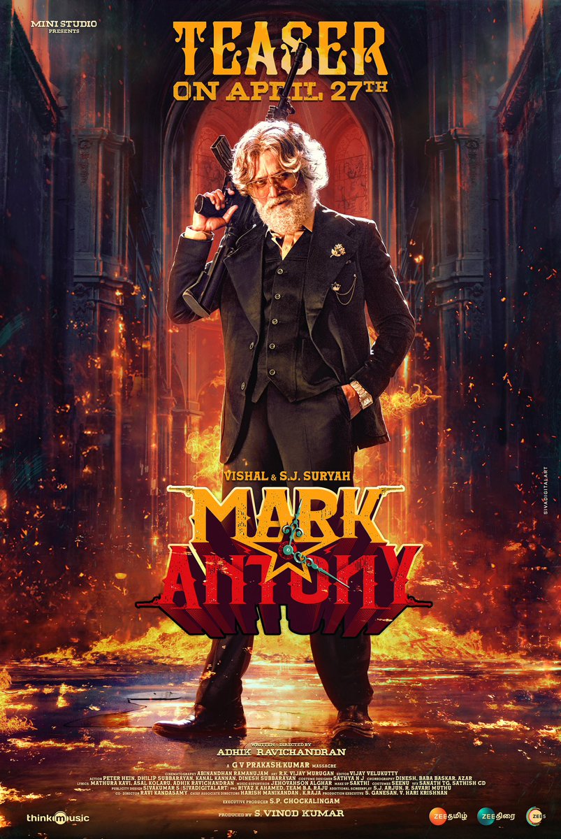 gvprakash's tweet photo. #MarkAntony teaser from April 27 th …. Let the guns fireeee … @Adhikravi @VishalKOfficial @iam_SJSuryah @vinod_offl @thinkmusicindia https://t.co/9dlj3a42RE