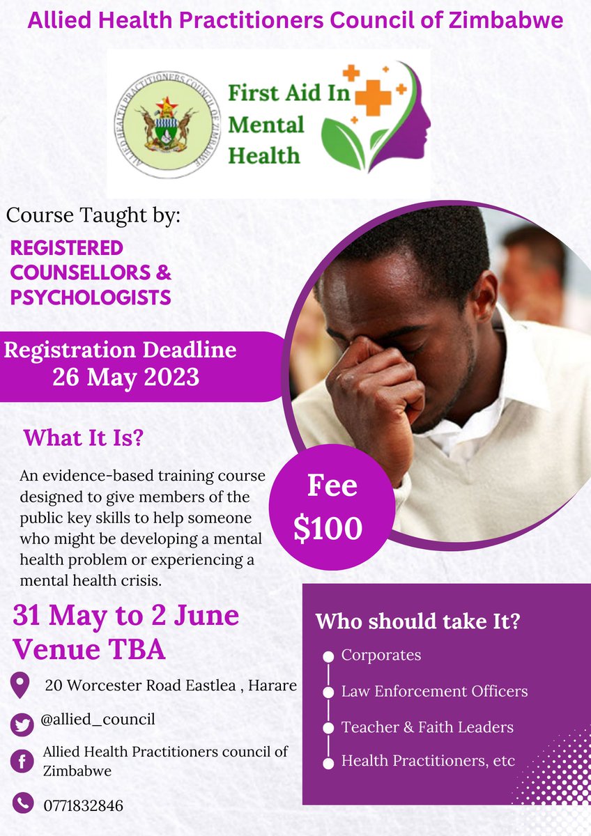 allied_council's tweet image. DID YOU KNOW?
1) People between the ages of 18 and 44 suffer most often from depression
2) Exercise may alleviate anxiety and depression
Register for the First Aid in Mental Health training today. Call /App 077 183 2846