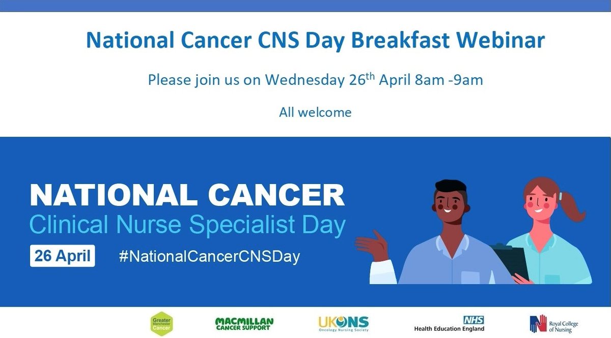 Join in celebrating the 2nd National Cancer CNS Day with a breakfast webinar or a Twitterchat. Please find  promotion flyers for each event and simply click here: bit.ly/41hfJOR to register for the webinar. 
@GM_Cancer @UKONSmember @macmillancancer #NationalCancerCNSDay