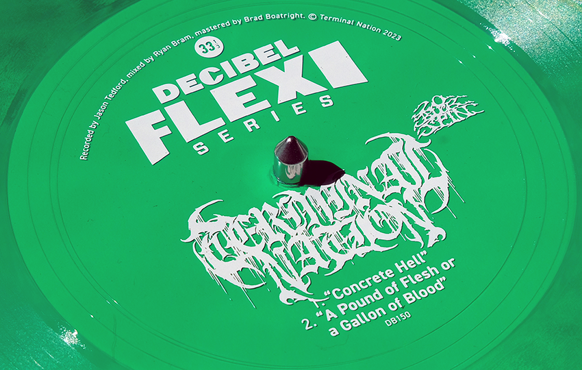 dbmagazine's tweet photo. .@terminalnation premiere video for Decibel Flexi Series tracks “Concrete Hell” / “A Pound of Flesh or a Gallon of Blood.” Watch it & nab a copy of the flexi here: https://t.co/w6KrqFC5TH #TerminalNation #decibelflexiseries https://t.co/AsuGSge0Eb