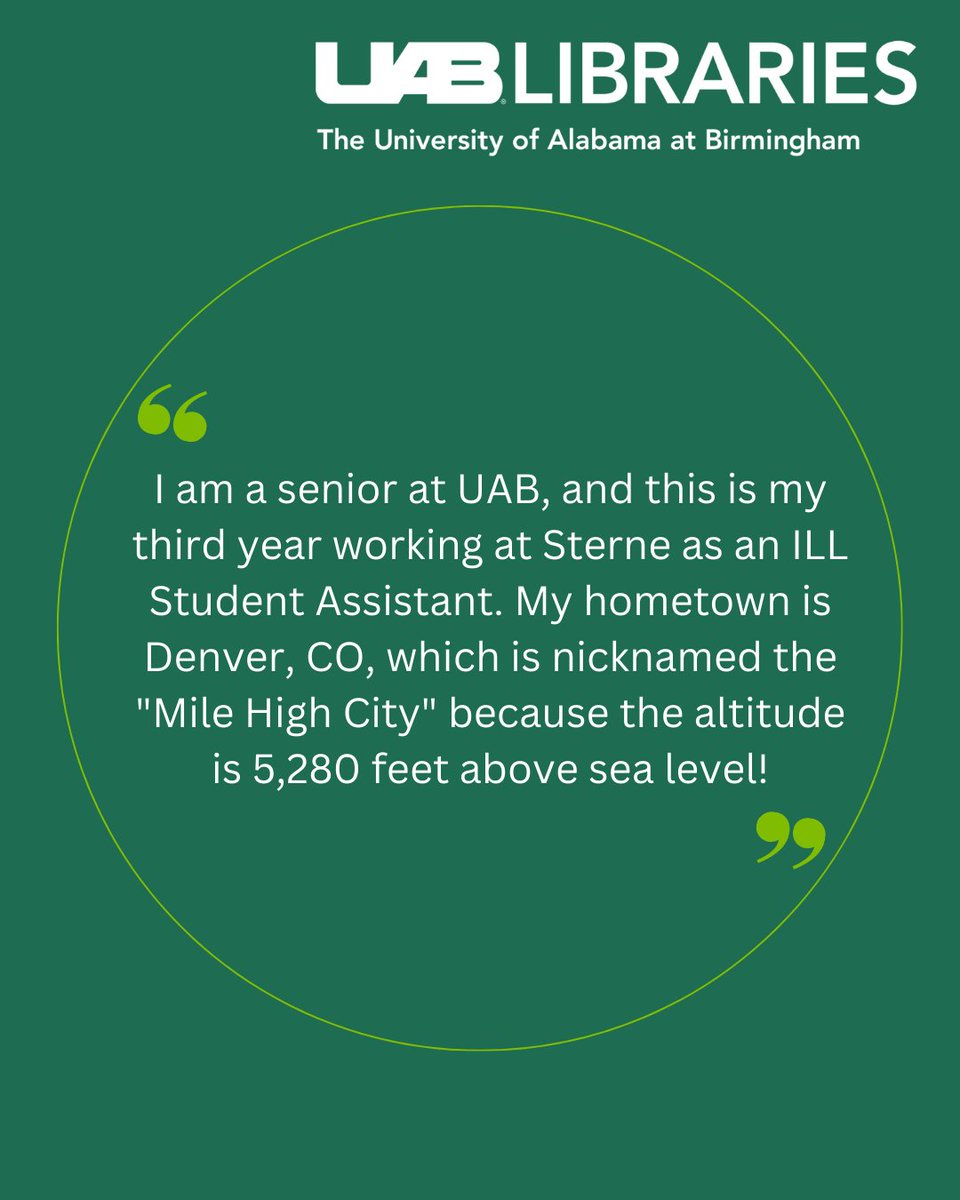 👩🏽‍🎓Yasmin is one of our wonderful student workers, working with Christie and other great folks in our Interlibrary Loan department. Yasmin is graduating this year from UAB. Congratulations and best of luck, Yasmin!

#NationalLibraryWeek #NLW2023