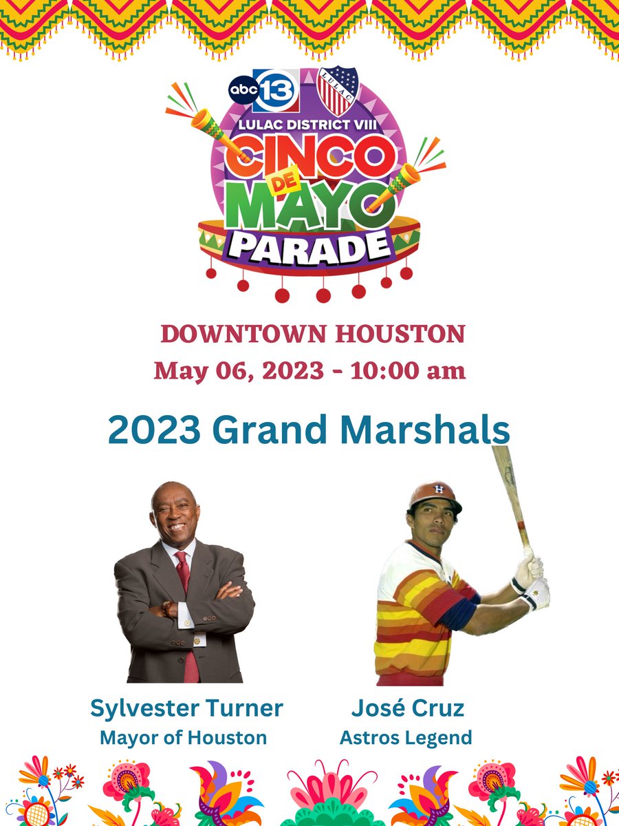 LULAC District VIII (@lulachouston) on Twitter photo We are excited for our 2023 Cinco de Mayo Parade Grand Marshals <a href="/SylvesterTurner/">Sylvester Turner</a> and <a href="/cruzzin13/">JE Cruz</a>!
<a href="/HoustonTX/">City of Houston</a> <a href="/CruzBaseball/">Cruz Baseball</a> <a href="/astros/">Houston Astros</a> We are excited for our 2023 Cinco de Mayo Parade Grand Marshals <a href="/SylvesterTurner/">Sylvester Turner</a> and <a href="/cruzzin13/">JE Cruz</a>!
<a href="/HoustonTX/">City of Houston</a> <a href="/CruzBaseball/">Cruz Baseball</a> <a href="/astros/">Houston Astros</a>
