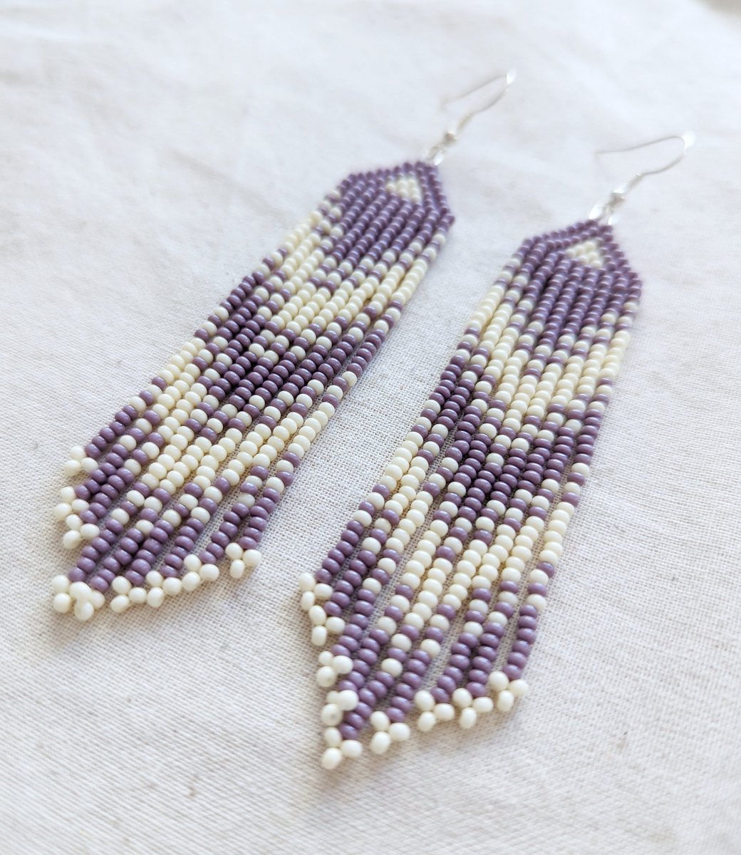 Lilac and cream fringe earrings. Now available! Get yours at beadworkbykay.ca #earrings #fringeearrings #beadwork