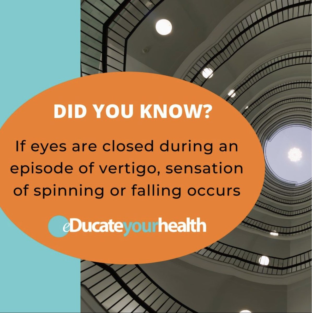 DID YOU KNOW If eyes are closed during an episode of vertigo, sensation of spinning or falling occurs.

People who have received a violent blow on the head can suffer temporary or permanent damage to the inner ear, causing balance problems and vertigo.

educateyourhealth.com/patients/verti…