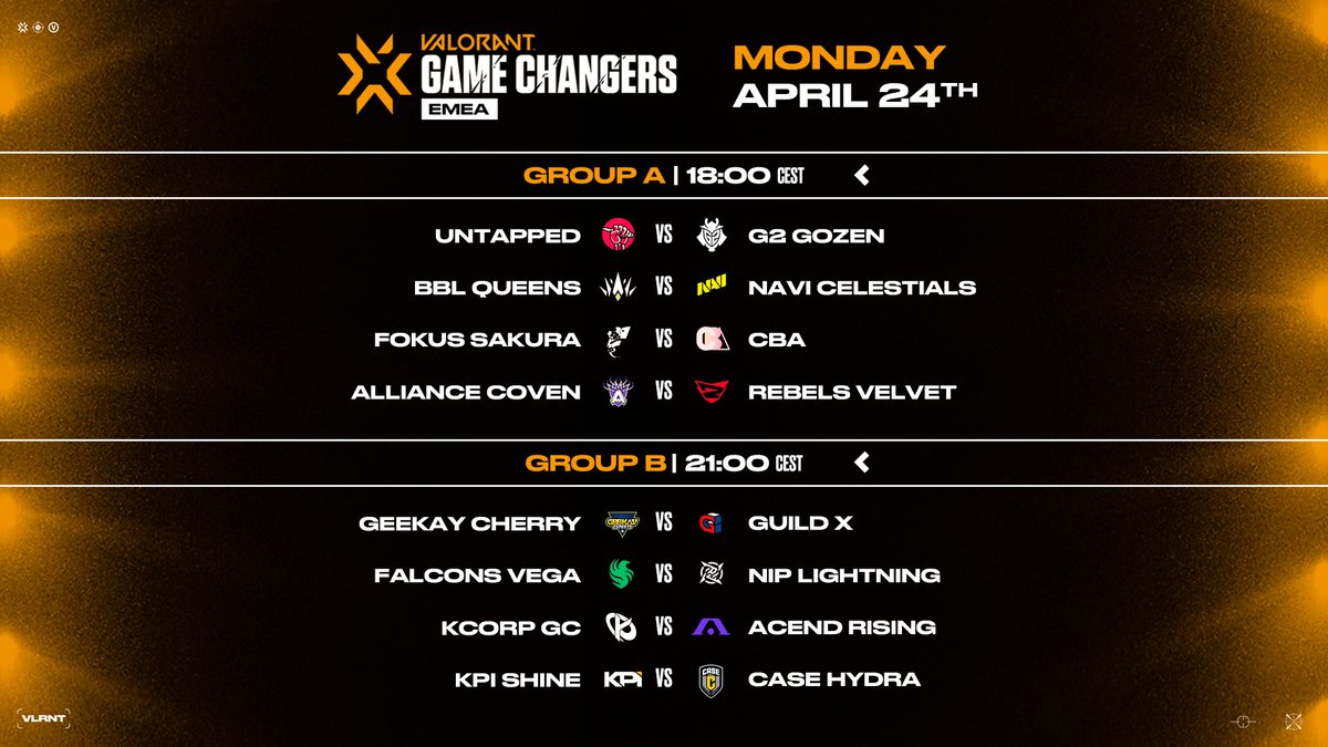 First day of VCT #GameChangersEMEA is already here! 

These are today's matchups, which team are you rooting for? 👀

⌚️Group A 18:00 CEST ⌚️Group B 21:00 CEST