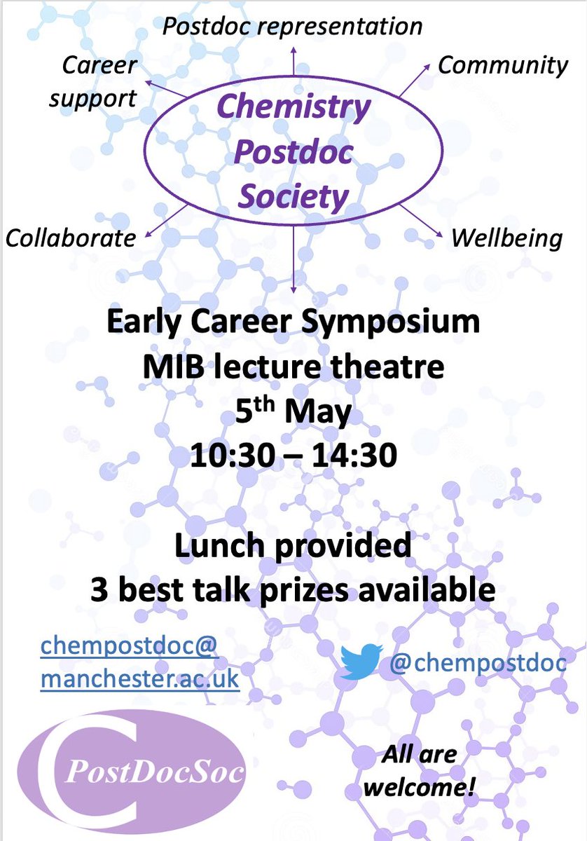 Postdocs! Submit your abstracts of <300 words to us at chempostdoc@manchester.ac.uk before 10:00 this Friday to secure a slot to speak at our upcoming ECR symposium!