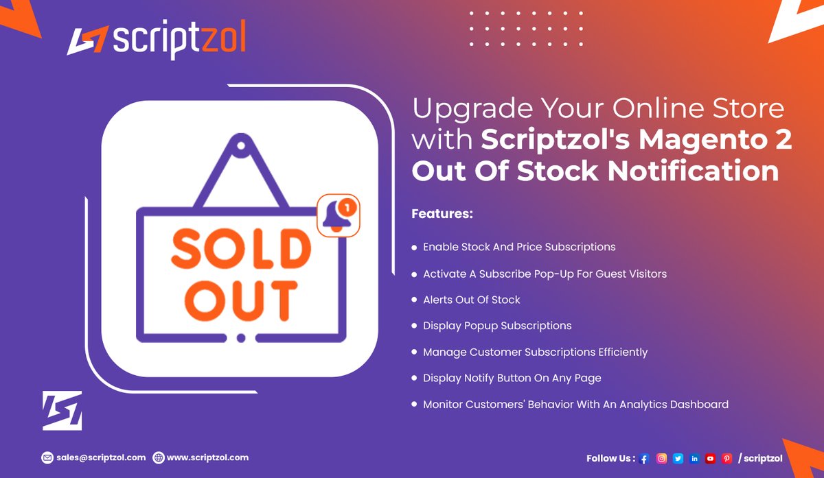 scriptzol's tweet image. Wanna make your users to get notification about IN STOCK and NEW PRICE UPDATION on product once requested? Choose Scriptzol Magento 2 Out Of Stock Notification.

Let&apos;s Buy It Now 👉 scriptzol.com/magento-2-out-…

#outofstocknotification #magento2module #letsconnect #scriptzol