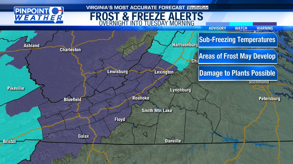 Freeze Warnings have been issued for Southwest Virginia. Sub-freezing temperatures in the lower 30s and 20s are expected along/west of the Blue Ridge early Tuesday morning. The cold air could damage crops/sensitive plants. Take steps to protect your plants tonight. #VAwx