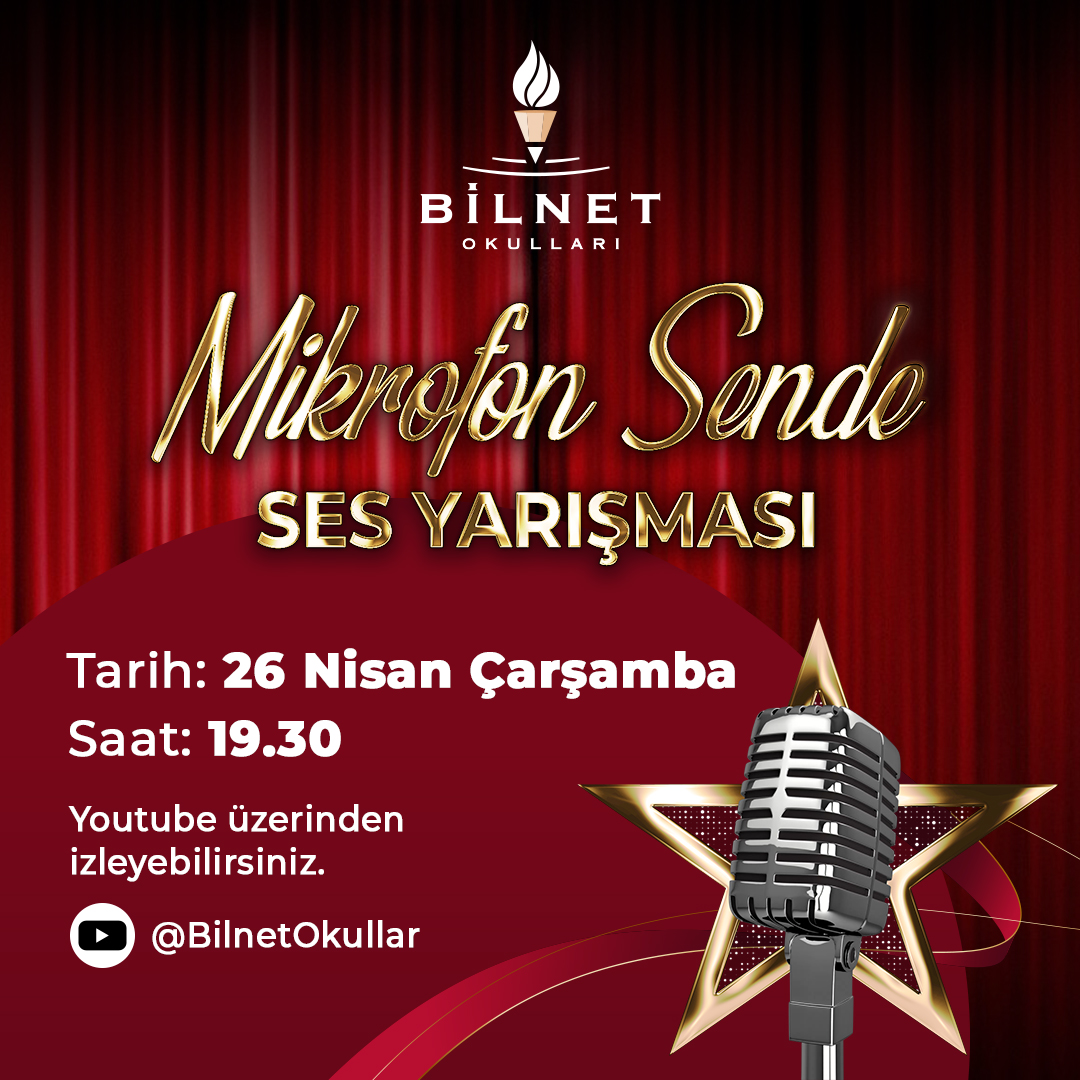 Mikrofon Sende Ses Yarışması'nı 26 Nisan Çarşamba Saat 19.30'da Youtube hesabımızdan izleyebilirsiniz. 🎤 🎼

#BilnetOkulları #MikrofonSende #SesYarışması