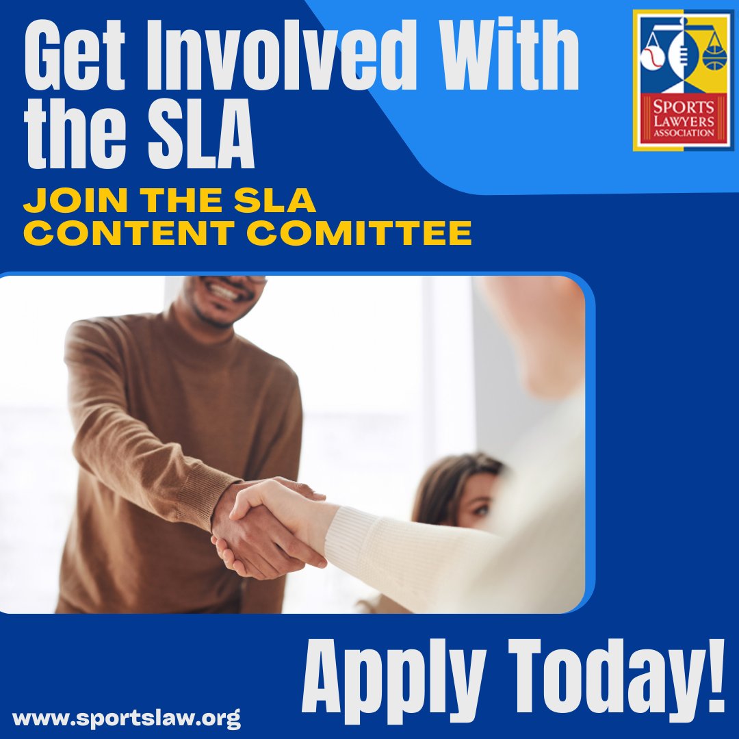 sportslawyers's tweet photo. The #SLA is looking for innovative and ambitious #SportsLawyers and #SportsLawStudents to join our Content Committee! Don’t miss out on this unique #SportsLaw opportunity, apply today!
Apply: https://t.co/cpD40lk6sF
#SportsLawyersAssociation #WhySLA #JoinSLA #SportsLawCareer https://t.co/4QA4mDkD0Q