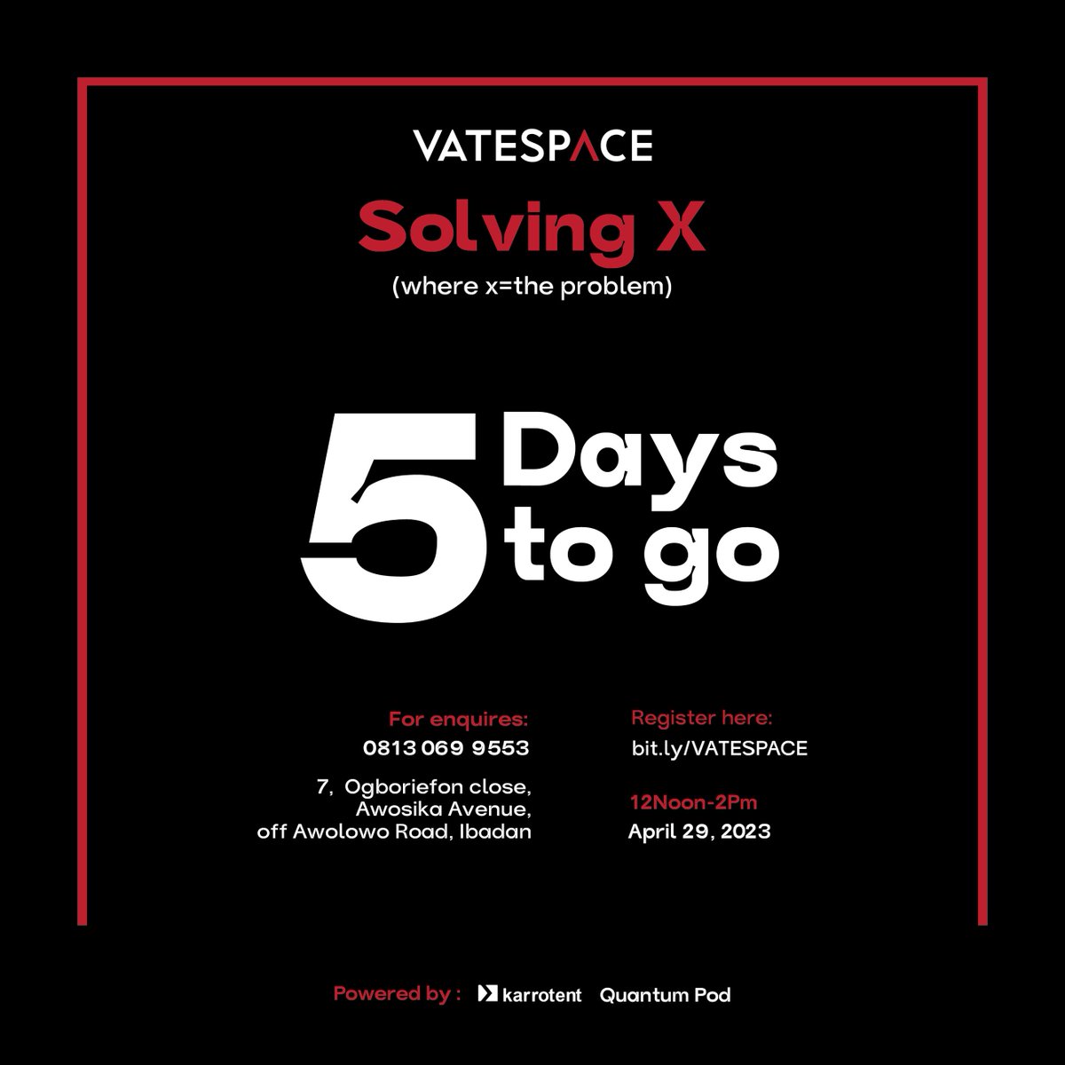 karrotent's tweet photo. 5 days to go people.
It will be an unforgettable experience of thought-provoking conversations. Have you secured your seat yet?
#vatespace #businessconversations #solvingX #problemsolving #ibadanevents https://t.co/jEGrgokKku