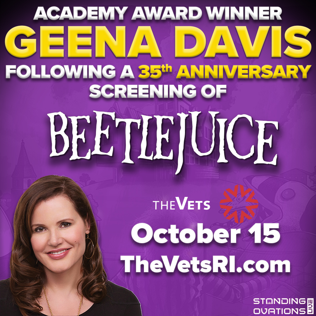 JUST ANNOUNCED! Geena Davis will talk at The VETS in Providence after a screening of the hit film Beetlejuice! October 15. Tickets on sale tomorrow! Info: bit.ly/3LpvYnn