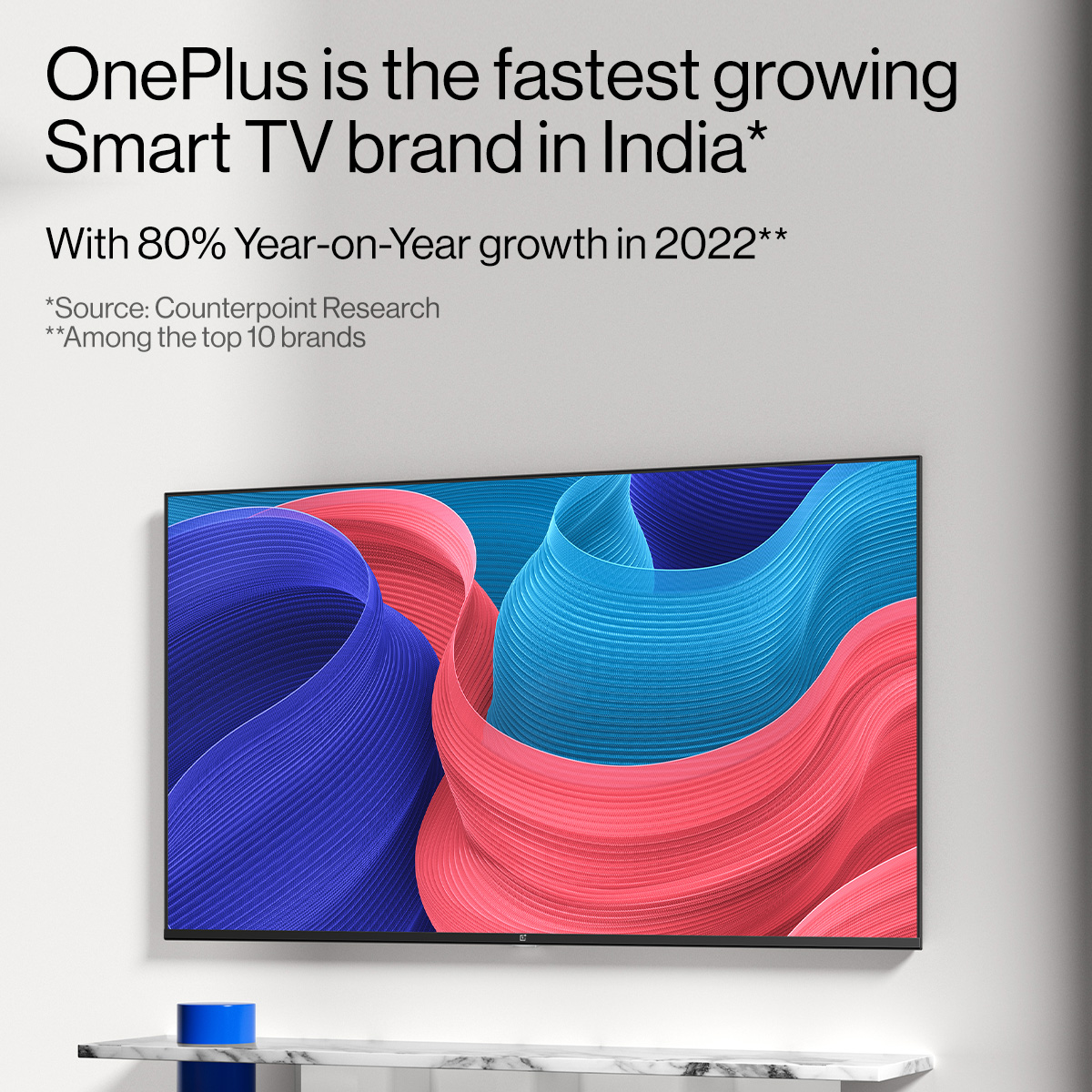 OnePlus_IN's tweet image. We’re delighted to share that #OnePlusTV has emerged as fastest growing Smart TV Brand in India, with a 80% Y-o-Y growth in 2022. A huge shoutout to all our community members who made the Smarter Choice and helped #OnePlusTV reach this feat!
#OnePlus