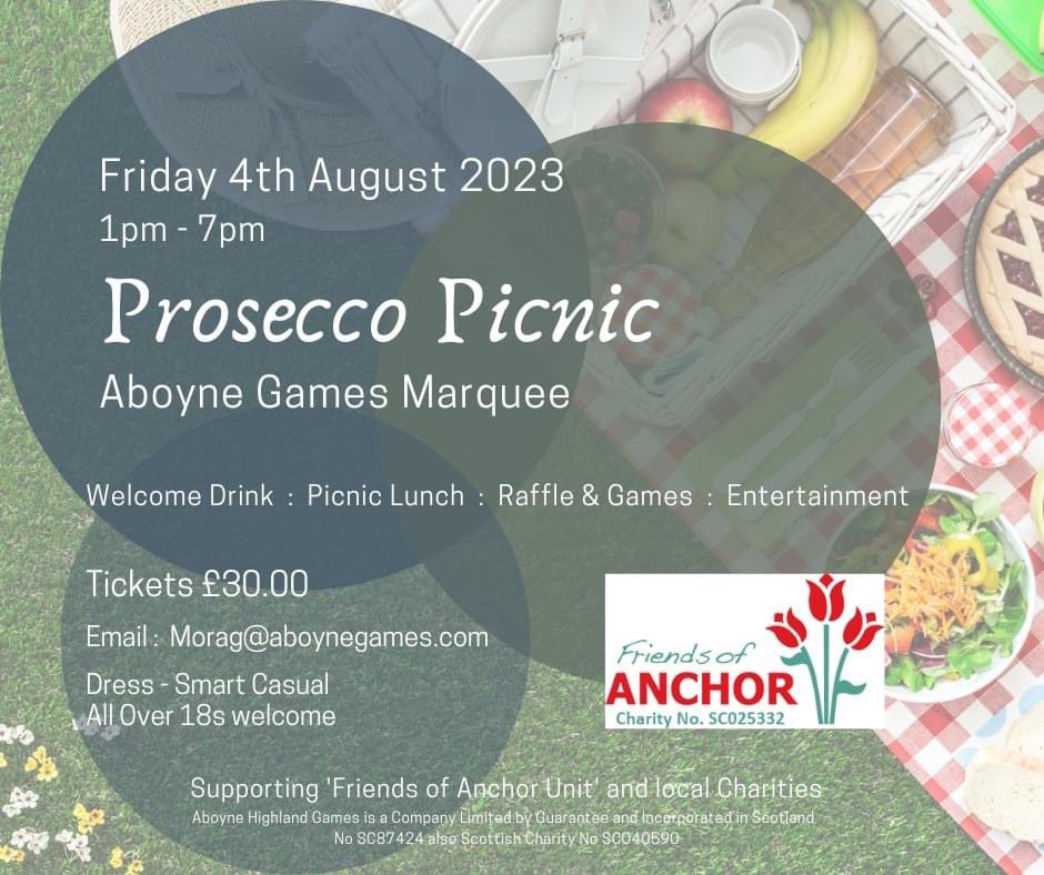 AboyneGames's tweet photo. Ladies &amp; Gents, get your pals together for a 'fine afternoon oot', tickets for our Prosecco Picnic are on sale. We will be supporting Friends of Anchor Aberdeen as well as local charities.

Tickets cost £30.00 Over 18s. Casual dress (No posh hats and frocks required) https://t.co/h3Jn45Oulm
