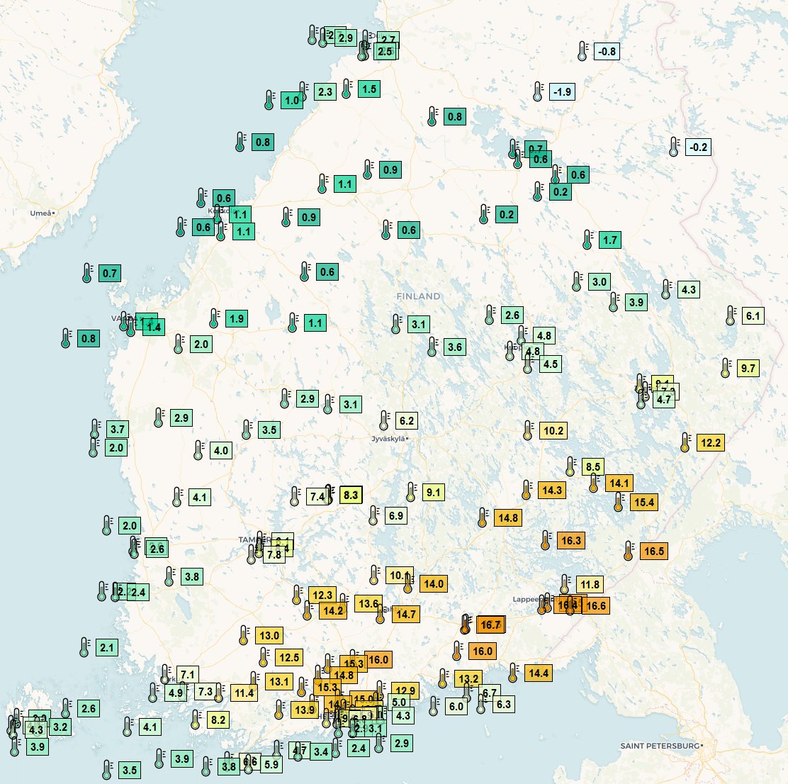 Lämpötilaerot ovat tälläkin hetkellä lännen ja idän välillä isoja. Kaakossa lähestytään jo +17 astetta. Länsirannikolla lämpötila on sentään plusasteiden puolella.😉