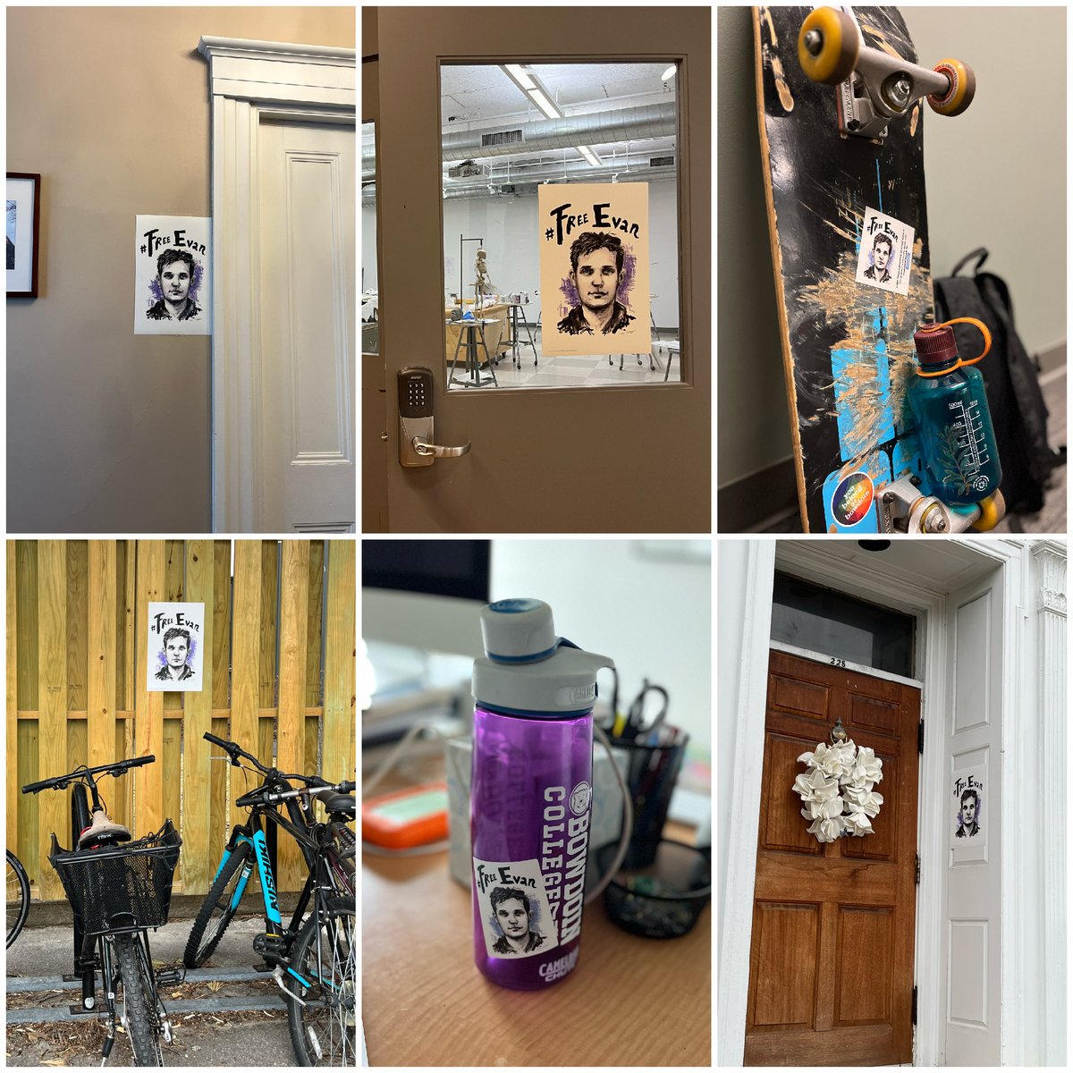 Our colleague and friend, Evan Gershkovich, is everywhere at his alma mater. Original art by @mollycrabapple, photos by @BowdoinCollege @WSJ #IStandwithEvan