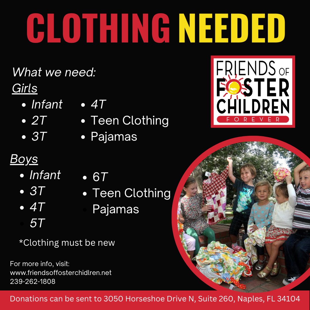 FosterSuccess_'s tweet photo. Friends of Foster Children Forever is in need of clothing donations! We appreciate any donation of new clothing! Thank you for helping foster children in our community ❤️
#ffcforever #naples #fostercare #donation #clothing #swfl #colliercounty https://t.co/JWFlz5LdRm