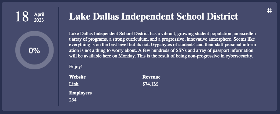 BrettCallow's tweet photo. #Royal has listed Lake Dallas Independent School District. #ransomware #LDISD 1/2 https://t.co/uts84gUZqs