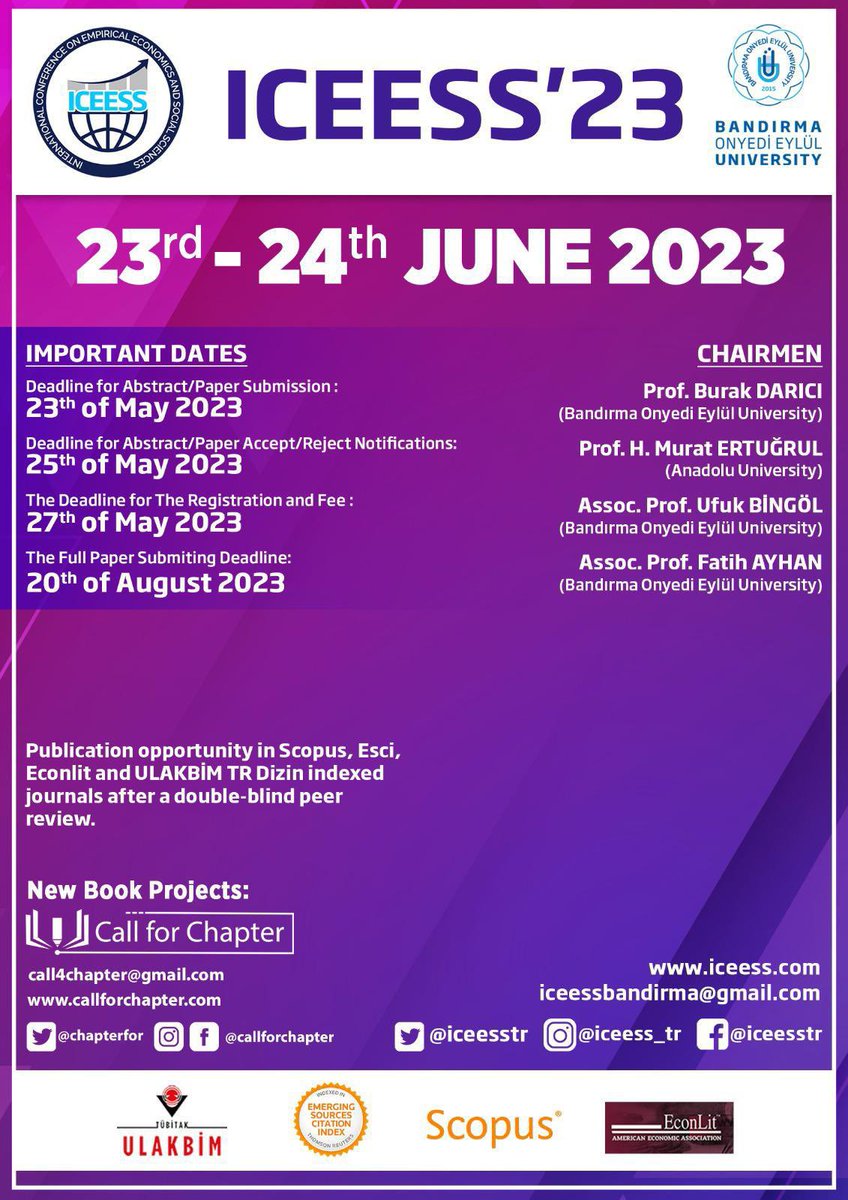 ICEESS’23 will be held on 23rd-24th June 2023. The important dates of the conference are as follows: <a href="/DariciBurak/">Prof.Burak DARICI</a>  #Conference #Economics  #Dollar #CentralBank #Inflation #Unemployment #Konferans #Ekonomi #Dolar #MerkezBankası #Enflasyon #İşsizlik #Sempozyum
