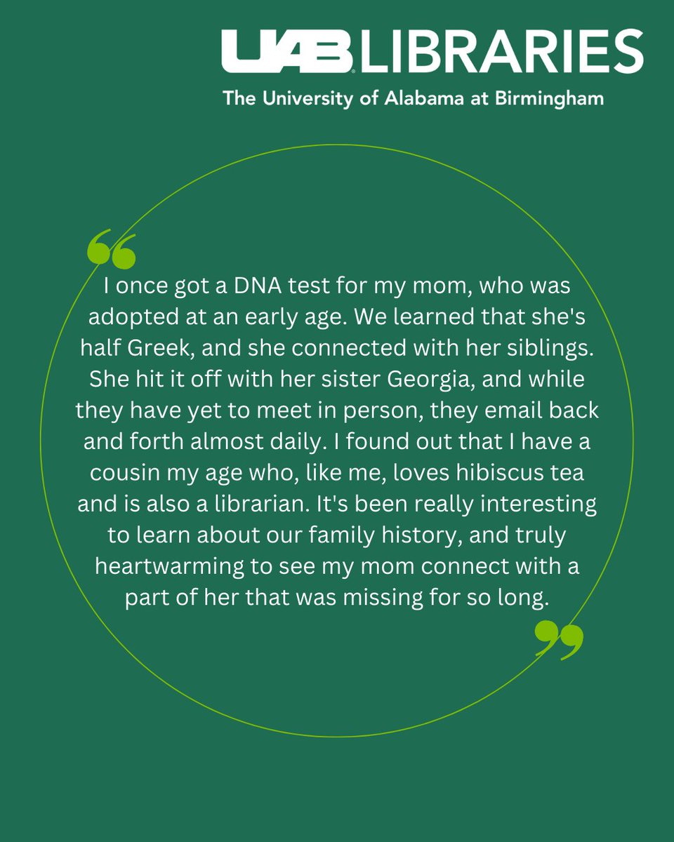 Amanda has been with UAB Libraries for almost a year. Swipe to read her amazing story about discovering reconnecting with distant family. 
🥳That’s a wrap on this year’s National Library Week. Thanks for celebrating UAB library stories with us! 📚

#NationalLibraryWeek #NLW2023