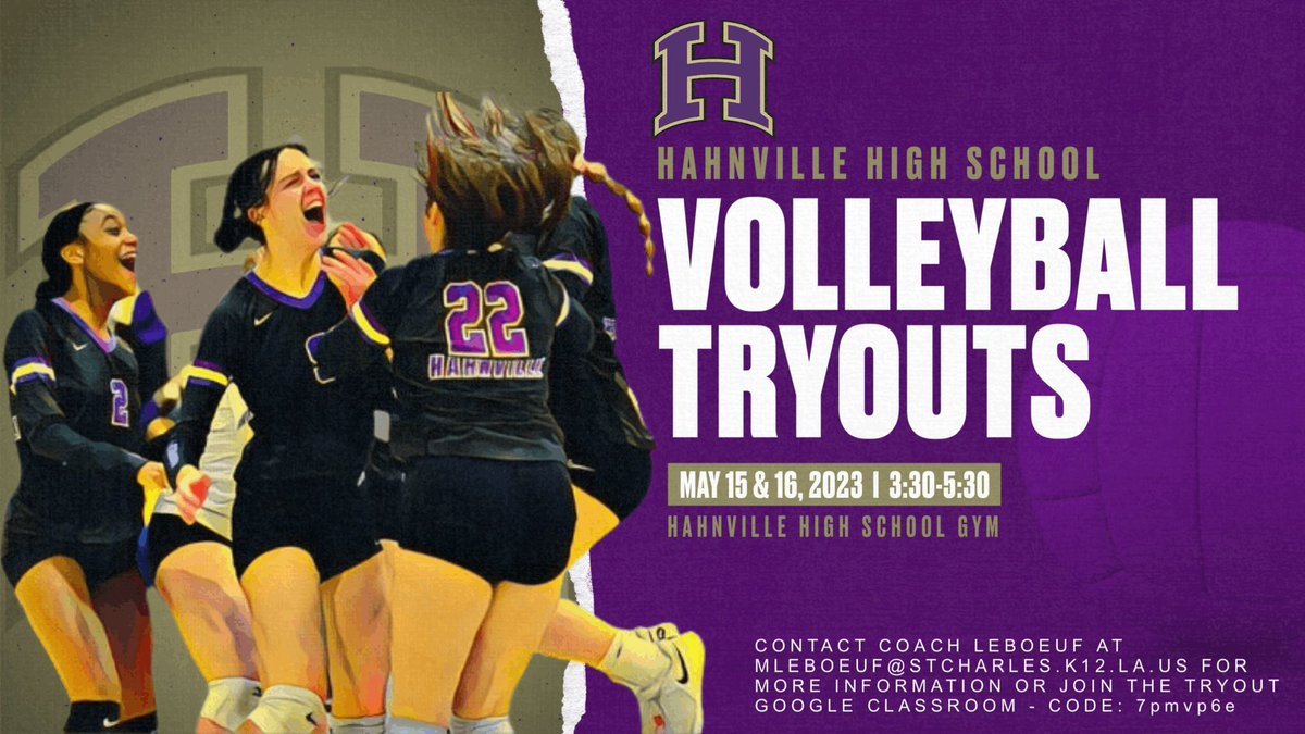 VOLLEYBALL TRYOUTS are only 3 weeks away! Contact Coach LeBoeuf at mleboeuf@stcharles.k12.la.us or join the tryout google classroom (code: 7pmvp6e) for more information. 🎉🏐🐅 #letsGEAUX
