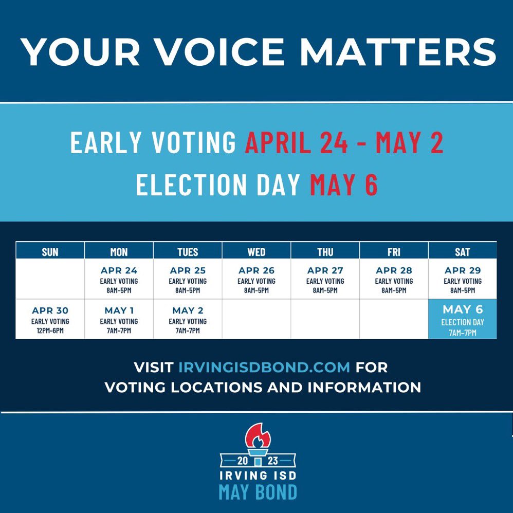 IrvingISD's tweet photo. ‼️Early voting begins today, #myIrvingISD‼️ Superintendent @IISDMagdaHdz has already cast her vote. Will you?

👇See below for a list of polling locations and times.👇 https://t.co/EmKvNsJxCL