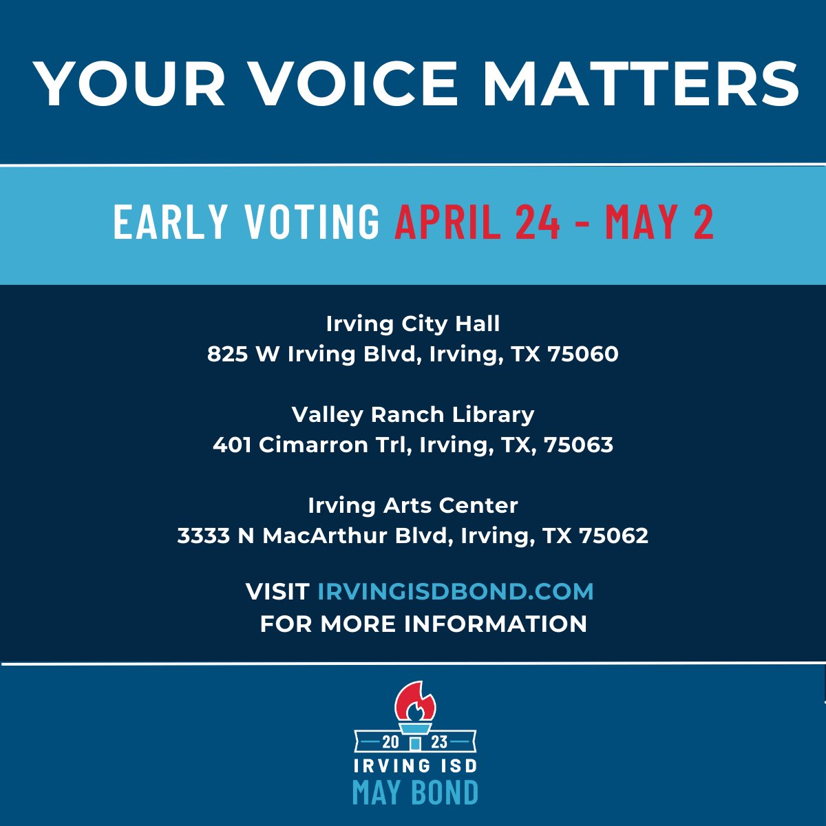 IrvingISD's tweet photo. ‼️Early voting begins today, #myIrvingISD‼️ Superintendent @IISDMagdaHdz has already cast her vote. Will you?

👇See below for a list of polling locations and times.👇 https://t.co/EmKvNsJxCL