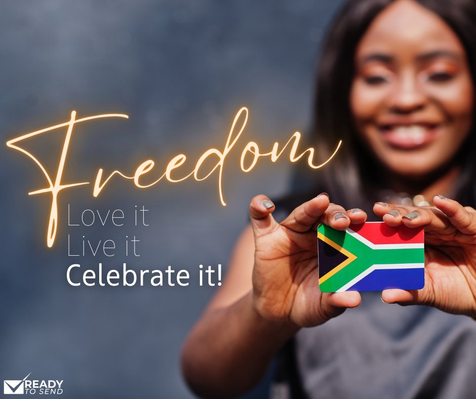 ReadyToSend's tweet photo. 𝙃𝙖𝙥𝙥𝙮 𝙁𝙧𝙚𝙚𝙙𝙤𝙢 𝘿𝙖𝙮!

Rejoice in the spirit of a free South Africa and celebrate our great nation.

“It’s in your hands to create a better world for all who live in it.” – Nelson Mandela

#FreedomDay #Celebrate https://t.co/VyDy4fLGr0