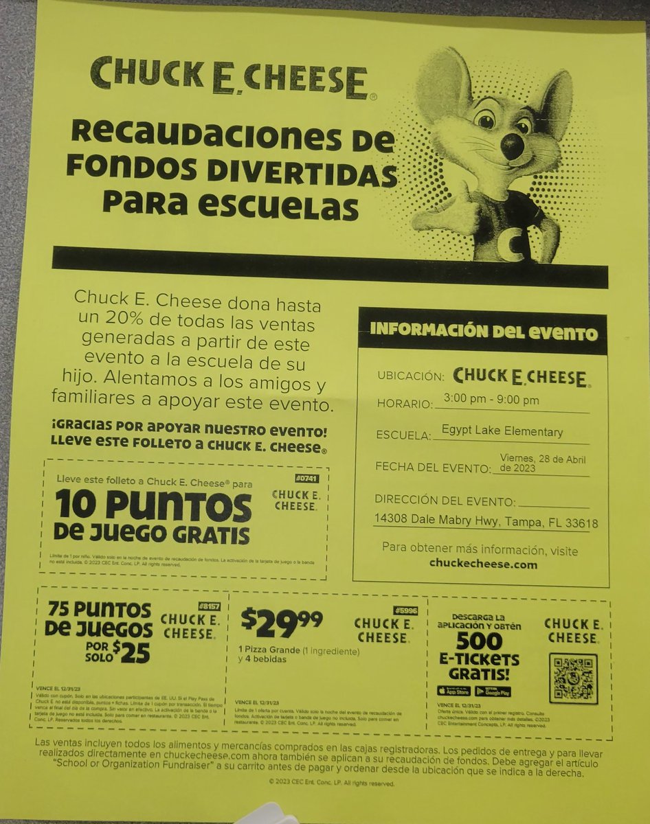 chikagzz's tweet photo. Please join us this friday!! Chuck E cheese 3-9pm@hcps_eles https://t.co/Urv0qfJ8Zf