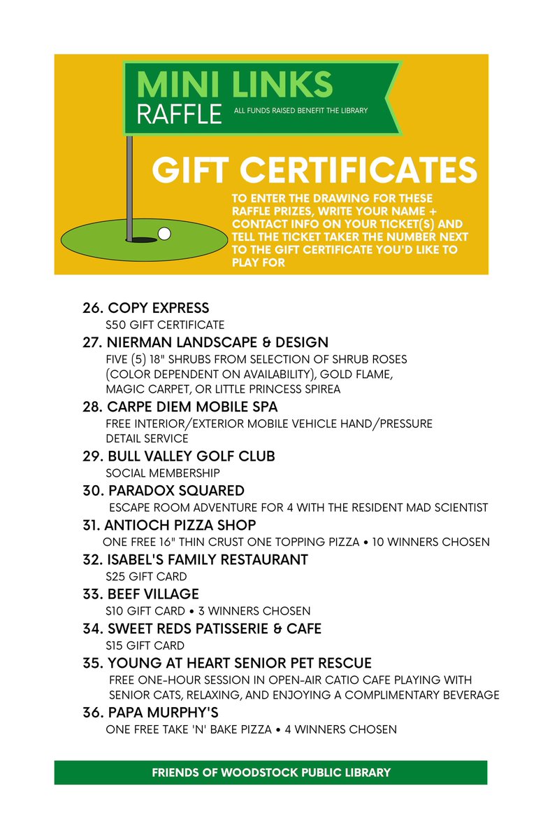 Check out all the great gift certificate that are part of the Mini Links raffle. See the other prizes and get your tickets at the library this week. Tickets are $1 each or 6 for $5.