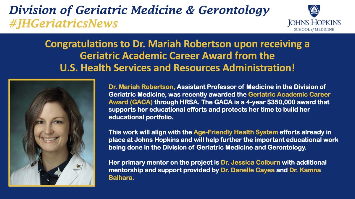 Johns Hopkins Geriatric Medicine & Gerontology (@jhgeriatrics) on Twitter photo Congratulations to @MLRobertsonMD upon receiving a #Geriatric Academic Award #GACA from <a href="/HRSAgov/">HRSA</a>! Her work will align with the #Age-Friendly #Health System already in place <a href="/HopkinsMedicine/">Johns Hopkins Medicine</a>.
#MedEd #ThisIsGeriatrics #JHGeriatricsNews #iLoveGeriatrics <a href="/HopkinsMedNews/">Hopkins Med News</a> Congratulations to @MLRobertsonMD upon receiving a #Geriatric Academic Award #GACA from <a href="/HRSAgov/">HRSA</a>! Her work will align with the #Age-Friendly #Health System already in place <a href="/HopkinsMedicine/">Johns Hopkins Medicine</a>.
#MedEd #ThisIsGeriatrics #JHGeriatricsNews #iLoveGeriatrics <a href="/HopkinsMedNews/">Hopkins Med News</a>