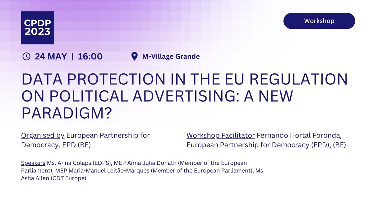 CPDPconferences's tweet image. What is the position of the European Parliament on personal data and political advertising and which are the assumptions underpinning it? With @FHortalForonda @EDPeu, @anna_colaps @EU_EDPS, @donath_anna @Europarl_EN, @AshaOAllen @cdteu #EUregulation #politicaladvertising